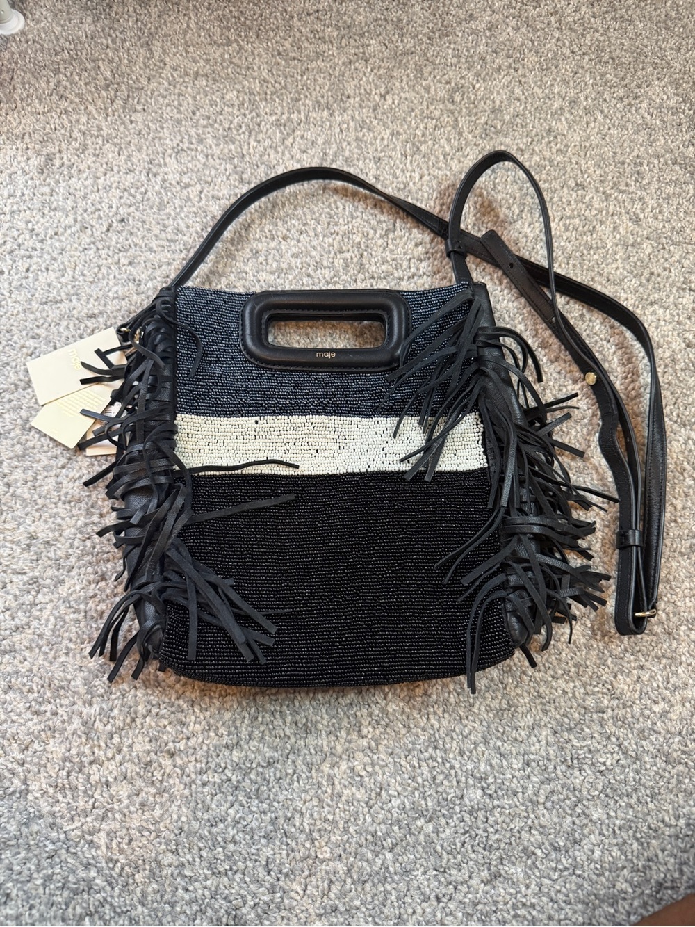 Maje Black and White Beaded Fringe Crossbody Shoulder Bag
